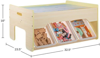 Wooden Train Set with Train Table - 63PC Play Set with Tracks, Vehicles, Buildings and Illustrated Ocean Train Table with Storage by Hey Play (Yellow)