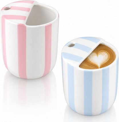 2 Pcs Ceramic Mug with Sip Hole 10 oz Novelty Pink Light Blue Striped Coffee Mug Hand Painted Ceramic Cup Heat Resistant Non Slip Built in One Lid Handcraft Mugs for Coffee Lovers Gift