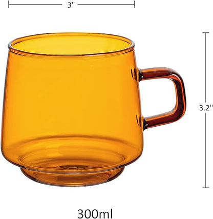 Joeyan Amber Glass Coffee Mugs Set of 2-10 oz Glass Stackable Coffee Cups with Handle - Colored Tea Cups Drinking Glasses for Espresso, Cappuccino, Latte, Tea, Milk