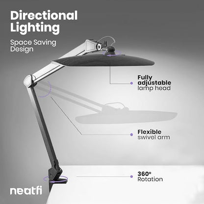 Neatfi XL 2200 Lumens 24W LED Desk Lamp – Shadow-Free Task Lighting | 4-Level Dimming | Home Office & Crafts Use | 20-Inch Wide Head (Gray Wood, Non-CCT with Clamp)