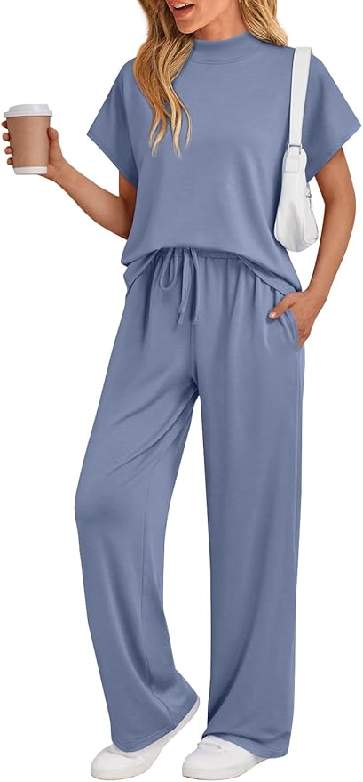 AUTOMET Women's 2 Piece Matching Lounge Sets 2026 Summer Mock Neck Sweatsuits Short Sleeve Loungewear Travel Outfits