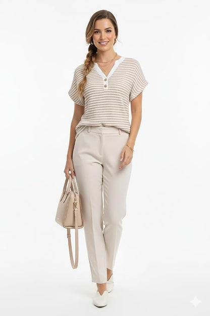 Womens Henley Summer Tops V Neck Button Dressy Casual T Shirts Blouses | Breathable, V-Neck Button, Striped, Loose Fit, Business Casual, Office, Vacation, Spring Summer Tops, Basic Shirts
