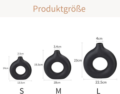 CEMABT Black Donut Vase Hollow Ceramic Vase for Flowers Handmade Minimalist Boho ins Style Modern Home Decor for Wedding Dinner Table Party Living Room Office Bedroom