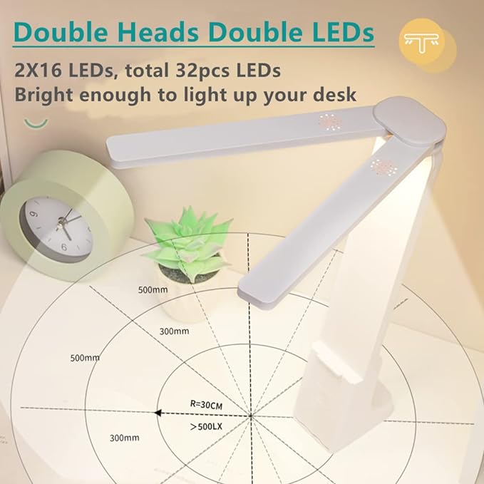 LED Double Head Desk Lamp with Large Lighting Range, Portable Small Battery Operated Rechargeable Light for Kids,Reading,Studying,Home,Office,Dormitory,Pink