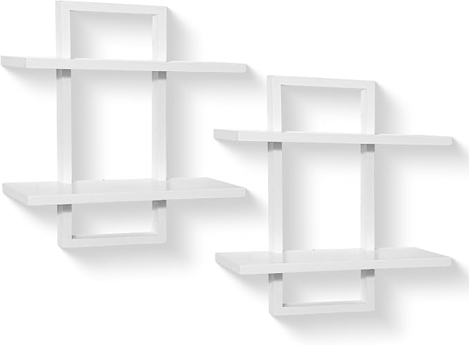 PHOENANCEE Floating Shelves for Wall,Display Hanging Shelf Set of 2,Modern Decorative Plants Shelves,Wood Home Decor Storage Chic for Living Room Bedroom Bathroom Office,Oak Frame,2-Tier,White