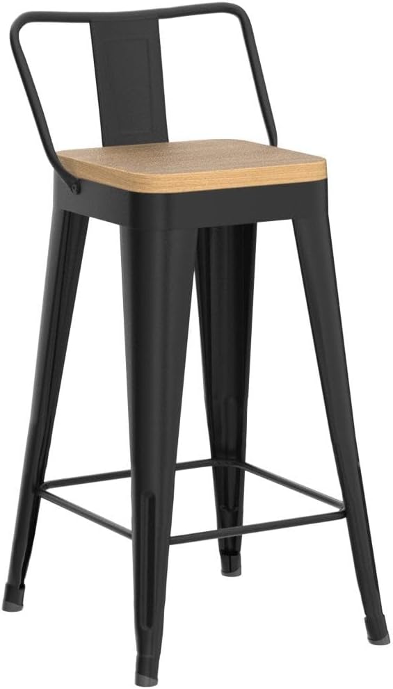 WENTMENT Metal Bar Stools Set of 4 Counter Height Barstools with Removable Back 24" Kitchen Bar Stools with Wooden Seat, Black