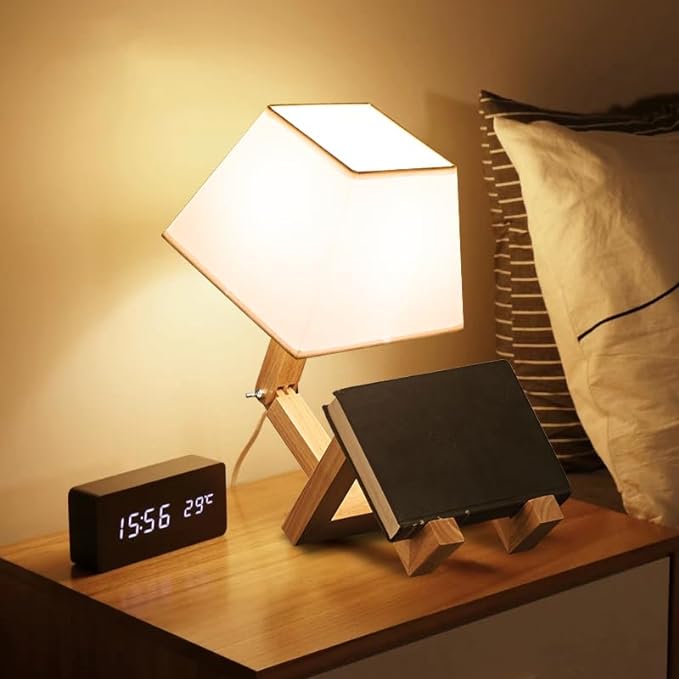 ELINKUME Cute Robot Desk Lamp,Dimmable Bedside Table Lamps,Square Lampshade Night Light with Foldable Solid Wood Body,Fun Kids Lamp, Nightstand lamp for Bedroom,Study,Office,Living room(Gift)