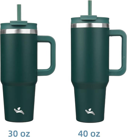 Konokyo 30 oz Insulated Tumbler Water Bottle with Handle, Straw Lid | BPA-free and dishwasher safe; made for gym, travel, coffee and gifting, 2 straws, cup holder friendly,Dark Green