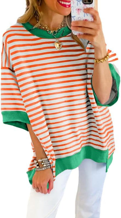 SHEWIN Womens Tops Casual Short Sleeve Sweatshirt Crewneck Striped Shirt Pullover T Shirts Loose Blouses