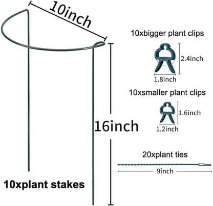 TCBWFY 10 Pack Garden Plant Support Stakes,10" Widex16 High Heavy Duty Interlinked Half Round Peony Support Ring Cage for Indoor Outdoor Plants,Plant Supports for Peony,Tomato,Hydrangea,Rose