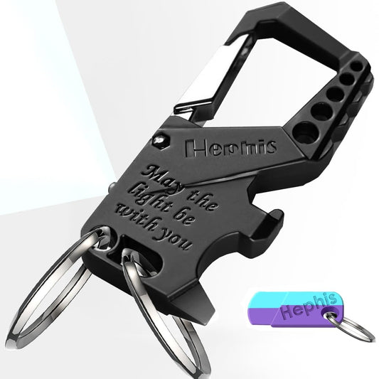 Hephis Skull Heavy Duty Key Chains with Lights,Bottle Opener,Screwdriver,Carabiner Car Key Chains for Men and Women(Black)