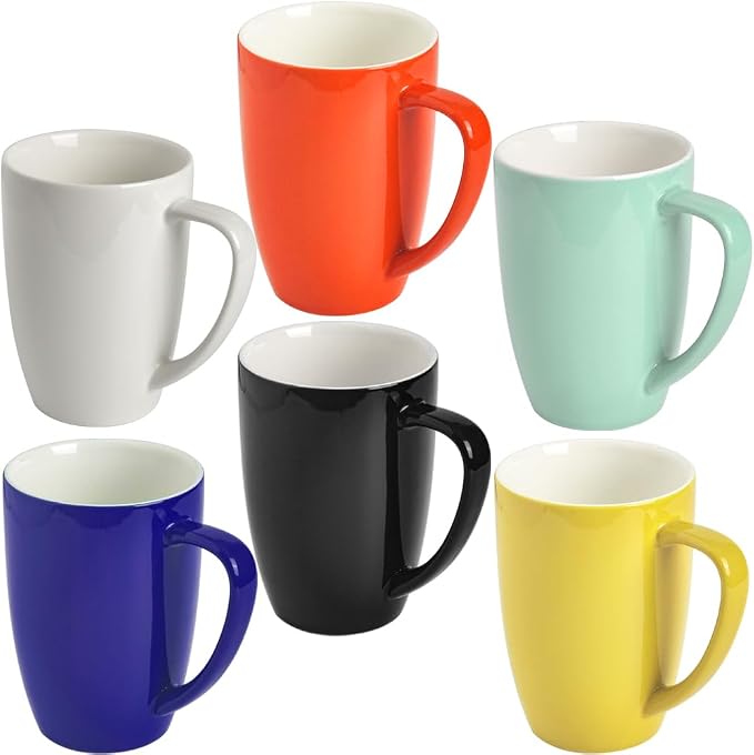 homEdge Porcelain Mug Set, 16 Ounces Cup for Tea, Latte, Mocha, Hot Chocolate, Set of 6, Assorted Color