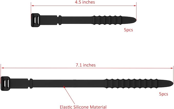 Silicone Zip Ties, Reusable Zip Ties, Rubber Cable Ties Straps for Wire Management, Elastic Silicone Ties Cable Organizer for Home Office, Black Cord Ties in Two Sizes 4.5" and 7.1" (5+5 Pcs Black)