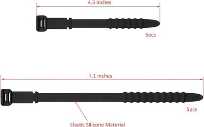 Silicone Zip Ties, Reusable Zip Ties, Rubber Cable Ties Straps for Wire Management, Elastic Silicone Ties Cable Organizer for Home Office, Black Cord Ties in Two Sizes 4.5" and 7.1" (5+5 Pcs Black)