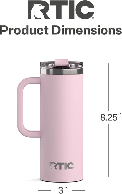 RTIC 20oz Road Trip Travel Mug with Lid and Handle, Ceramic Lined, Insulated, Stainless Steel, Metal, Double Wall Vacuum-Insulation, Portable Coffee, Tea Cup for Hot and Cold Drink, Pale Pink