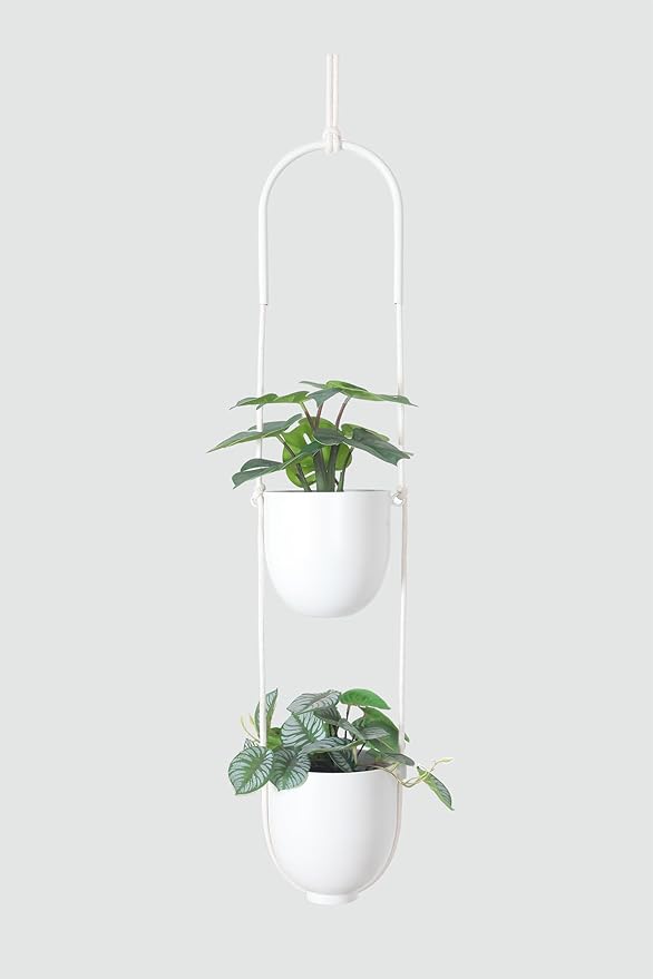 Hanging Planters 2 Tiers Metal Plant Hangers for Indoor Outdoor Plants Wall Ceiling Hanging Flower Pot Basket Holders Kitchen Room Decor(White)