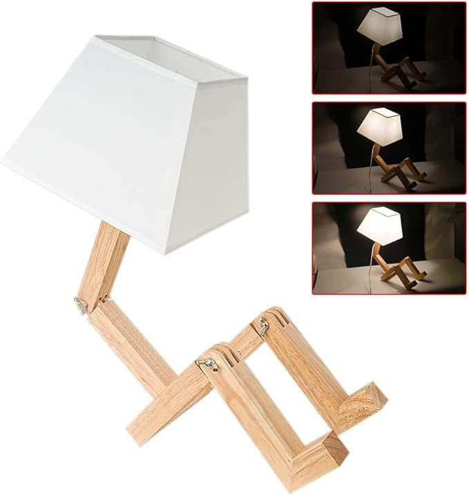 ELINKUME Cute Robot Desk Lamp,Dimmable Bedside Table Lamps,Square Lampshade Night Light with Foldable Solid Wood Body,Fun Kids Lamp, Nightstand lamp for Bedroom,Study,Office,Living room(Gift)