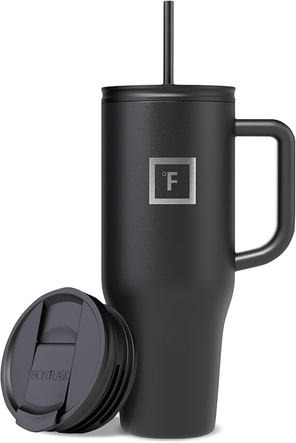 IRON °FLASK 40 oz Co-Pilot Insulated Travel Mug | Insulated Travel Mug with Straw & Flip Cap Lids - Cup Holder Fit, Leakproof, BPA Free (Midnight Black)