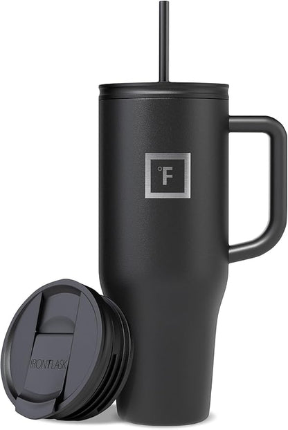 IRON °FLASK 40 oz Co-Pilot Insulated Travel Mug | Insulated Travel Mug with Straw & Flip Cap Lids - Cup Holder Fit, Leakproof, BPA Free (Midnight Black)