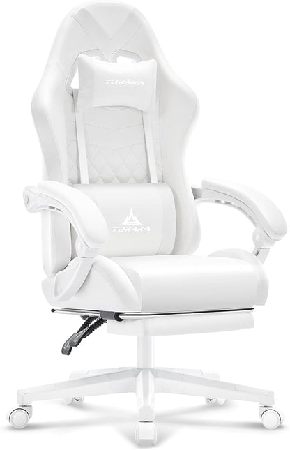 White Gaming Chair,Ergonomic Massage Office Desk Chair with Footrest | Pocket Spring Cushion,Reclining,Thick High Back,Headrest and Lumbar Support,Adjustable Leather Computer Chair Gamer Chair