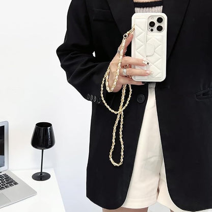 Phone Crossbody Chain Cell Phone Lanyard,Leather+Metal Shouder Strap Universal Cellphone Chain Strap with Tether Patches Compatible with Most Phones Bag Purse Silver+White