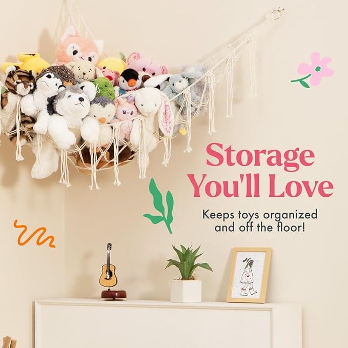 Lilly's Love Stuffed Animal Storage Macrame Hammock, Large - Boho Room Decor Toy Storage - Corner Hanging Plushie Stuffed Animal Net Organizer (White)