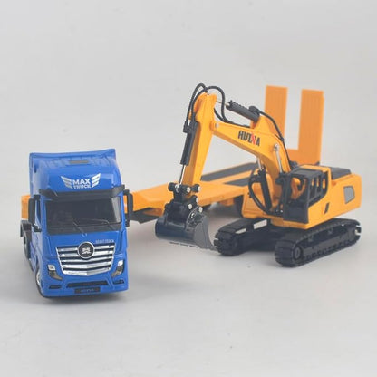 Flattrailer Heavy Duty Semi Trailer Tractor Truck w/ Excavator - Metal Construction Vehicle Toy for Kids