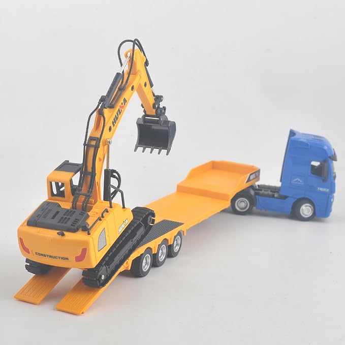 Flattrailer Heavy Duty Semi Trailer Tractor Truck w/ Excavator - Metal Construction Vehicle Toy for Kids