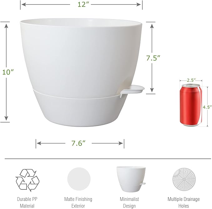 12inch Self Watering Pots, Plastic Planters with Mesh Drainage Holes and Deep Reservoir for Indoor Outdoor Garden Plants and Flowers, White