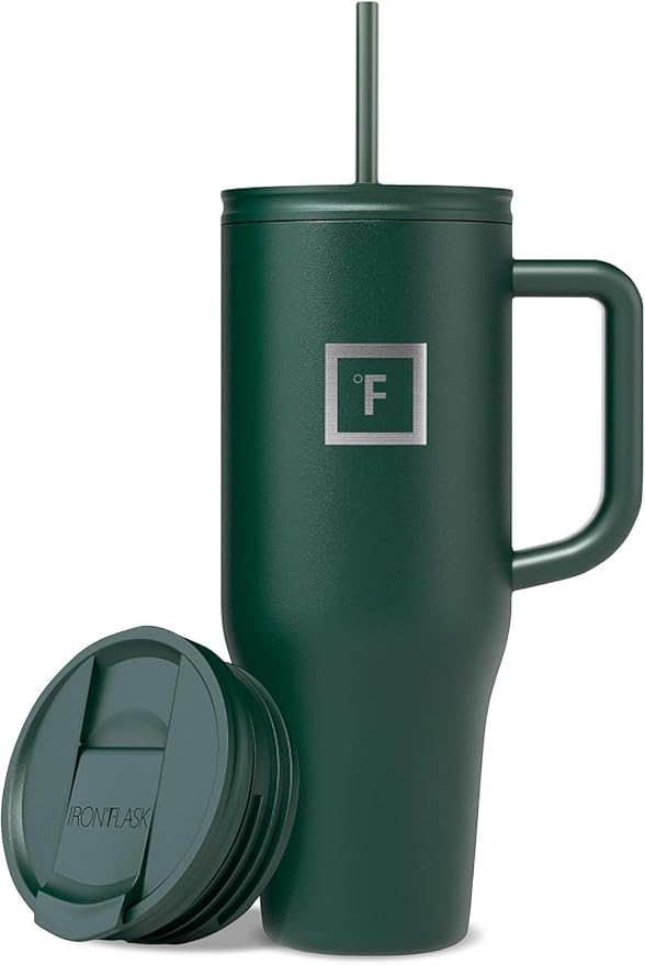IRON °FLASK 40 oz Co-Pilot Insulated Travel Mug | Insulated Travel Mug with Straw & Flip Cap Lids - Cup Holder Fit, Leakproof, BPA Free (Dark Pine)
