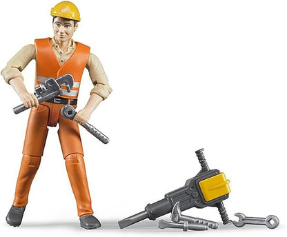 Bruder Construction Worker with Accessories | 1:16 scale Construction Worker, made in Germany by Bruder, ages 4+