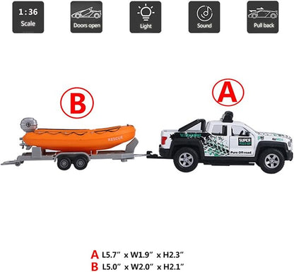 Pickup Truck Trailer Towing Speed Boat 2 in 1 Playset Diecast Model Car Metal Pull Back Toy Cars 1/36 SUV Vehicle Outdoor Sandbox Adventure Play Set Doors Open Light Sound Boys Toys Kids Gifts