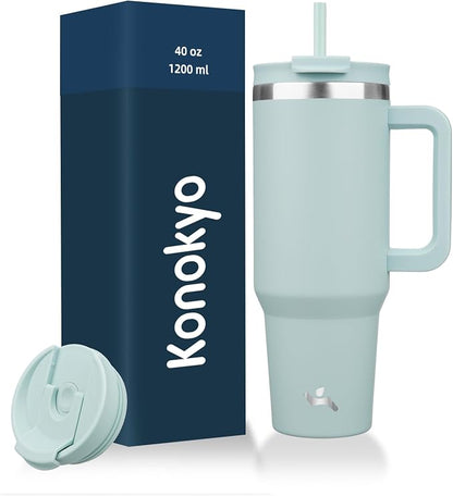 Konokyo 40 oz Insulated Tumbler Water Bottle with Handle, Straw Lid | BPA-free and dishwasher safe; made for gym, travel, coffee and gifting, 2 straws, cup holder friendly,Blue Haze