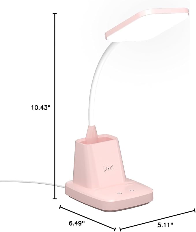 LED Desk Lamp with 10W Wireless Charging & Pen Holder, Pink | CRI 95, 800LM, Stepless Dimming, 3 Modes, 360°Flexible Arm, Touch, Study Table Lamp for Home Office, Dorm Room, with Adapter