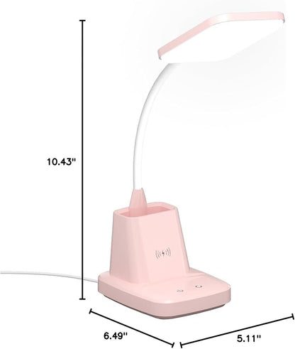 LED Desk Lamp with 10W Wireless Charging & Pen Holder, Pink | CRI 95, 800LM, Stepless Dimming, 3 Modes, 360°Flexible Arm, Touch, Study Table Lamp for Home Office, Dorm Room, with Adapter