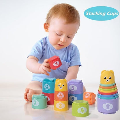 ELLECK Baby Toys 6-12 Months, Montessori Toys for Toddlers 1-3 Year Old, Busy Cube Teether Infants Bath 6 in 1 Stacking Blocks Rings, Suction Cup Spinner, Shape Bin Sensory (0035)