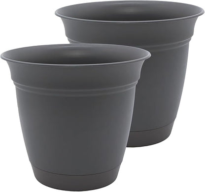 The HC Companies 20 Inch Eclipse Round Planter Pots with Drainage Holes & Attached Saucer, Lightweight UV-Resistant Plastic Indoor & Outdoor Planters, 2-Pack Flower Pots, Garden Home Decor, Warm Gray