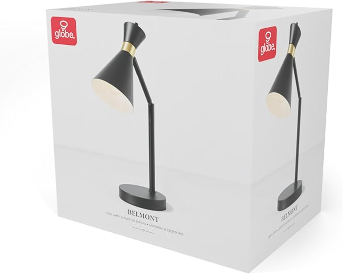 Globe Electric 61000056 16" Desk Lamp, Matte Black Finish, Matte Brass Accents, Pivot Joint, On/Off Rotary Switch on Socket, E26 Base Bulb, Lamp for Living Room, Home Office, Home Improvement