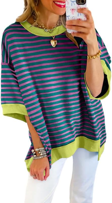 SHEWIN Womens Tops Casual Short Sleeve Sweatshirt Crewneck Striped Shirt Pullover T Shirts Loose Blouses