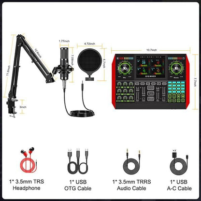 Podcast Microphone Bundle with Live Sound Board Audio Mixer, Podcast Equipment Bundle with 3.5mm Boom Mic(P15) for Pc/Phone Live Streaming Singing Gaming, Voice Changer, Denoise