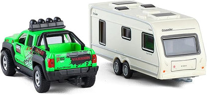 Pickup Truck Trailer Towing Toy Camper 2 in 1 Playset RV Motorhome Toys for Boys Diecast Model Car Metal Pull Back Toy Cars 1/36 Scale SUV Doors Open Light Sound Kids Birthday Gifts, Green