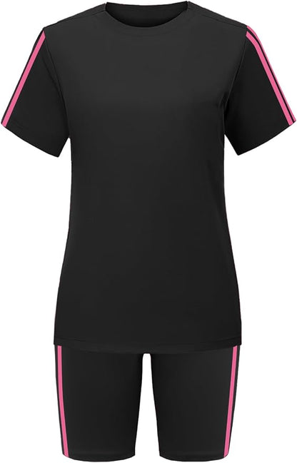 STOLKISS Women 2 piece Short Sets Classic Striped Outfits Summer Casual Short Sleeve T-Shirt and Short Jogger Tracksuits Sets