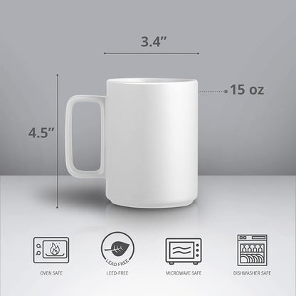 E-liu Large 15 Ounces Porcelain Coffee Mug Tea Mugs Set of 6 | Cups for Coffee, Tea, Cocoa, and Mulled Drinks , Dishwasher & Microwave Safe Gift Sets, White