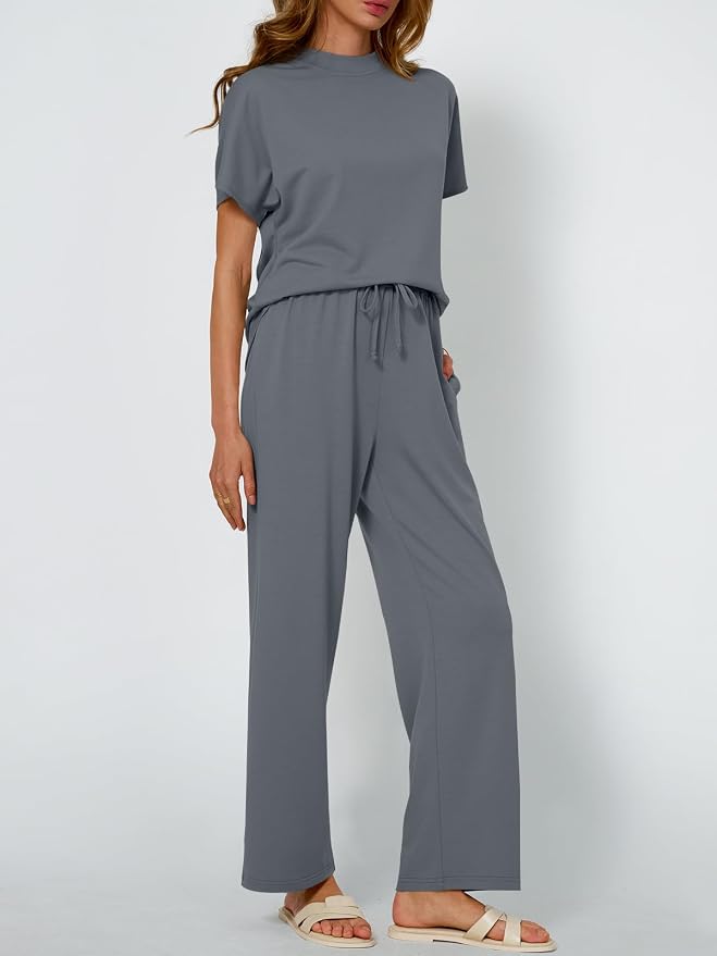 AUTOMET Women's 2 Piece Matching Lounge Sets 2026 Summer Mock Neck Sweatsuits Short Sleeve Loungewear Travel Outfits