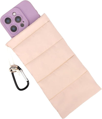 Lyreh Thermal Phone Pouch with Carabiner, Down Cotton Winter Insulated Warm Case Cover Bag Accessories Gift Prevents Freezing & Overheating Cellphone Sock for Outdoor Camping Hiking Skiing (Beige)
