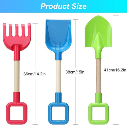 Jumbo Beach Shovels Rake Spade Toys Set for Kids, 16" Long Wooden Handle ABS Plastic Sand Scoop, Planting Summer Winter Gift for Mud Sand Snow Digging, Backyard Gardening Tool Accessories, 3 Pack