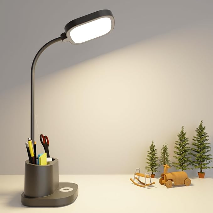 LED Desk Lamp for Home Office with USB Charging Port, Rechargeable Powered Table Lamp Battery Operated Cordless Reading Lamp, Pen Holder, 3 Way Dimmable, Bright, Tall, Flexible, Gooseneck, Black