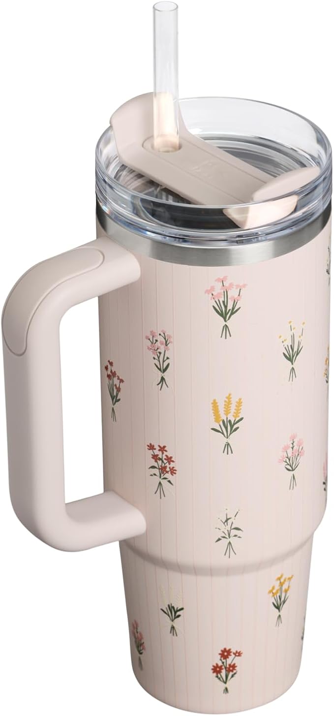 STANLEY Quencher H2.0 Flow State Tumbler, 30 oz, Rose Quartz Bouquets | Handle and Straw | 3-Position Lid | Cup Holder Compatible for Travel | Insulated Stainless Steel Cup | BPA-Free