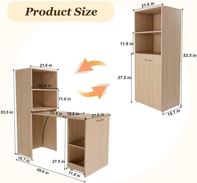 Foldable Expandable Desk Cabinet with Storage Shelves, Rolling Caster Base, Magnetic Closure, Retractable Workstation Unit for Small Spaces, Home Office Study Writing Table Organizer (Natural Wood)