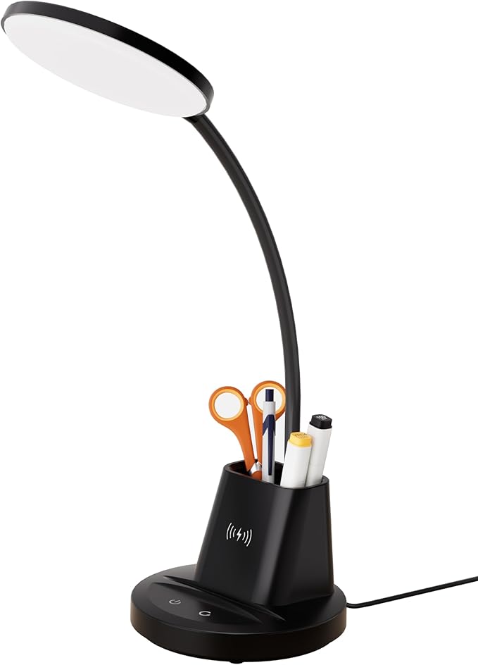 hansang LED Desk Lamp for Home Office with Wireless Charger, 3 Color Modes, Stepless Dimmable, Touch Control Black Study Lamp with Pen Holder for College Dorm Room, CRI 90, 800 Lumen, Adapter Included